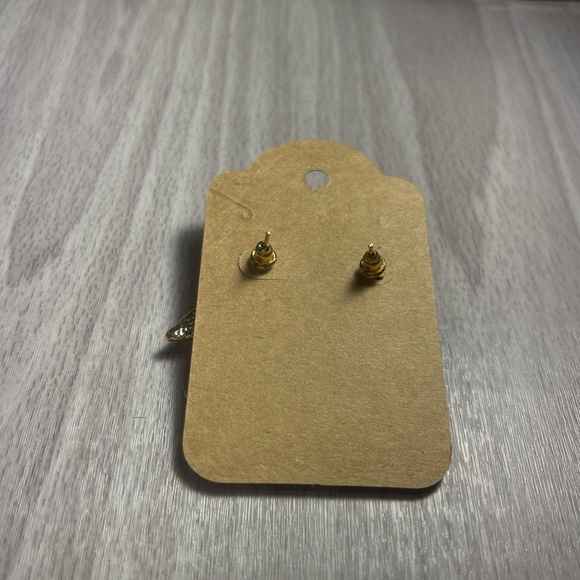 GOLD Tone Based Metal Pearl Accented Leaf Design Drop Post Stud Earrings - Picture 5 of 5